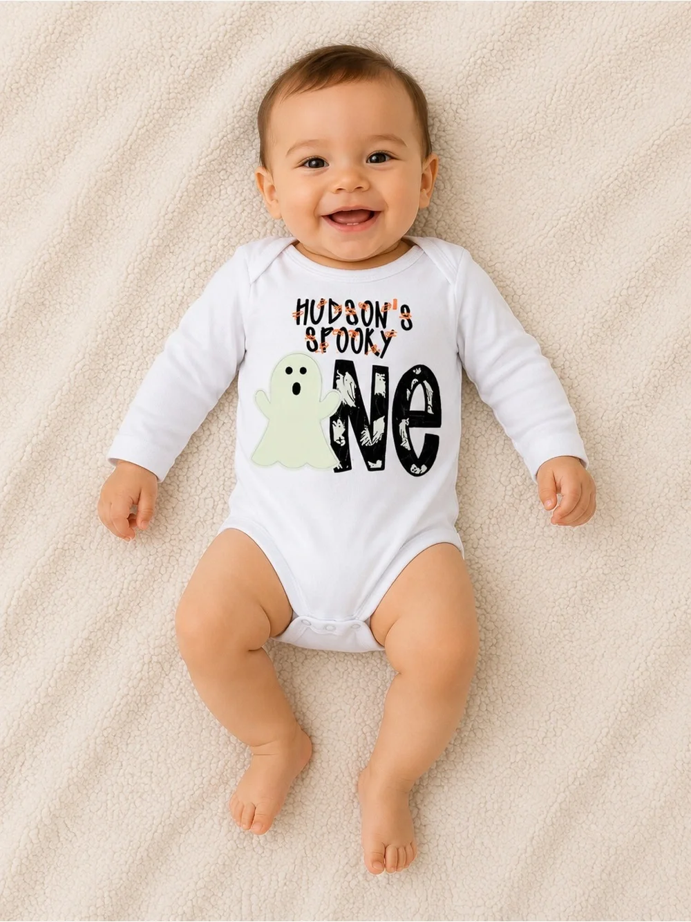 12 MTH White Ghost Graphic Long-Sleeve One-Piece Bodysuit